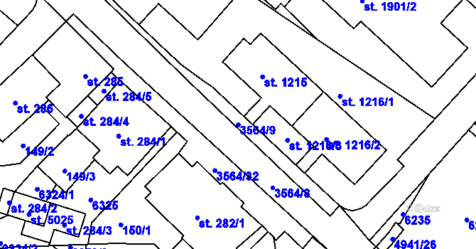 Parcela st. 3564/9 v KÚ Rožnov pod Radhoštěm, Katastrální mapa