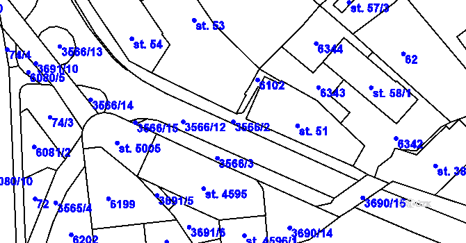Parcela st. 3566/2 v KÚ Rožnov pod Radhoštěm, Katastrální mapa