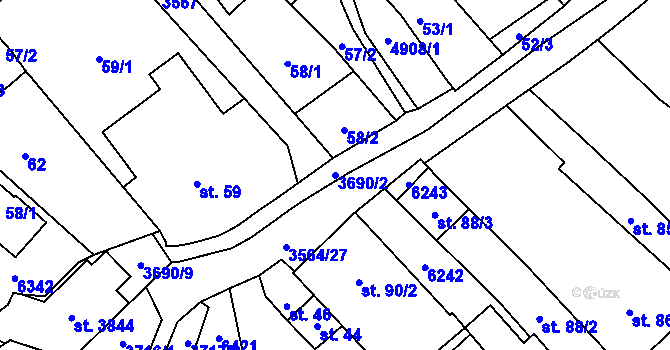 Parcela st. 3690/2 v KÚ Rožnov pod Radhoštěm, Katastrální mapa