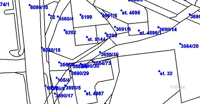 Parcela st. 3690/10 v KÚ Rožnov pod Radhoštěm, Katastrální mapa