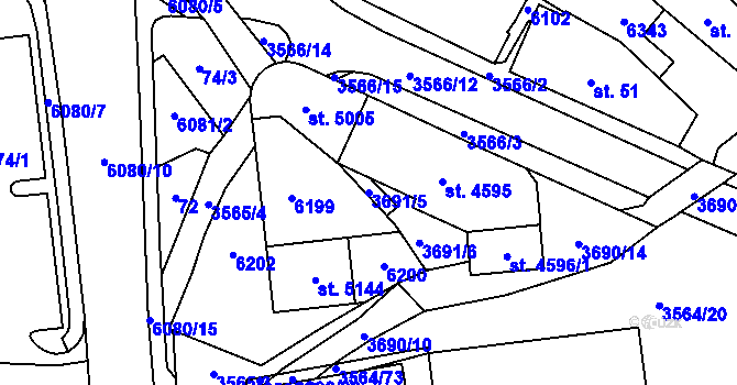 Parcela st. 3691/5 v KÚ Rožnov pod Radhoštěm, Katastrální mapa