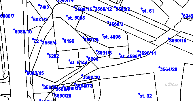 Parcela st. 3691/6 v KÚ Rožnov pod Radhoštěm, Katastrální mapa