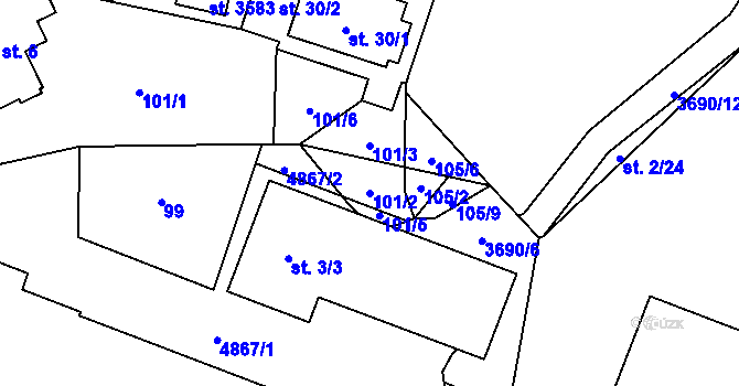 Parcela st. 101/2 v KÚ Rožnov pod Radhoštěm, Katastrální mapa