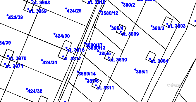 Parcela st. 385/5 v KÚ Rožnov pod Radhoštěm, Katastrální mapa
