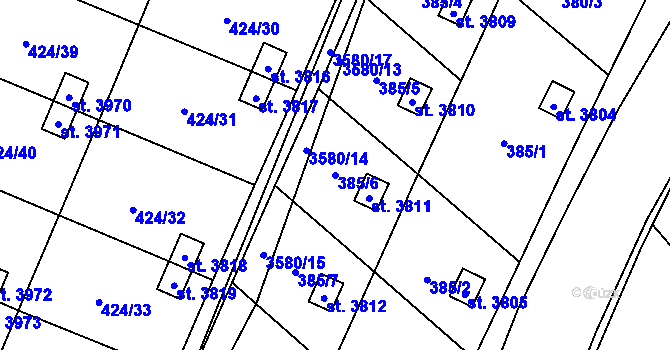 Parcela st. 385/6 v KÚ Rožnov pod Radhoštěm, Katastrální mapa