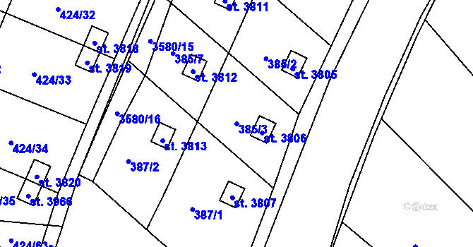 Parcela st. 385/3 v KÚ Rožnov pod Radhoštěm, Katastrální mapa