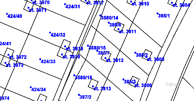 Parcela st. 385/7 v KÚ Rožnov pod Radhoštěm, Katastrální mapa