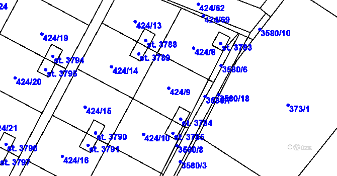 Parcela st. 424/9 v KÚ Rožnov pod Radhoštěm, Katastrální mapa