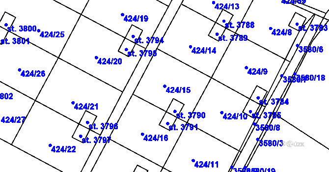 Parcela st. 424/15 v KÚ Rožnov pod Radhoštěm, Katastrální mapa