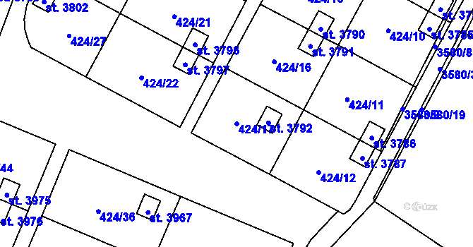 Parcela st. 424/17 v KÚ Rožnov pod Radhoštěm, Katastrální mapa