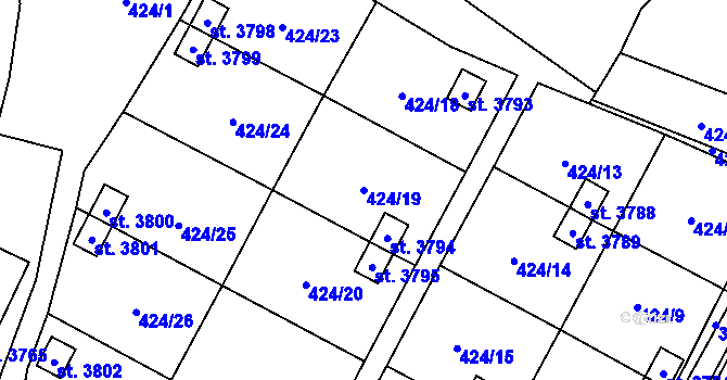 Parcela st. 424/19 v KÚ Rožnov pod Radhoštěm, Katastrální mapa