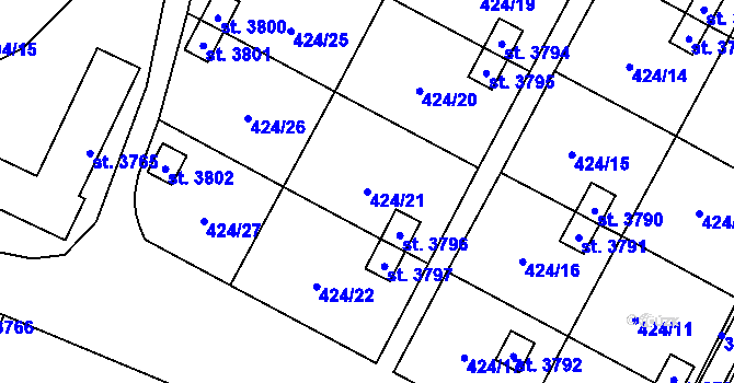 Parcela st. 424/21 v KÚ Rožnov pod Radhoštěm, Katastrální mapa