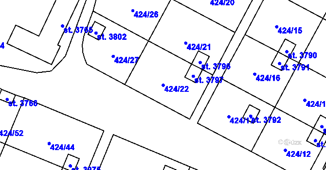 Parcela st. 424/22 v KÚ Rožnov pod Radhoštěm, Katastrální mapa