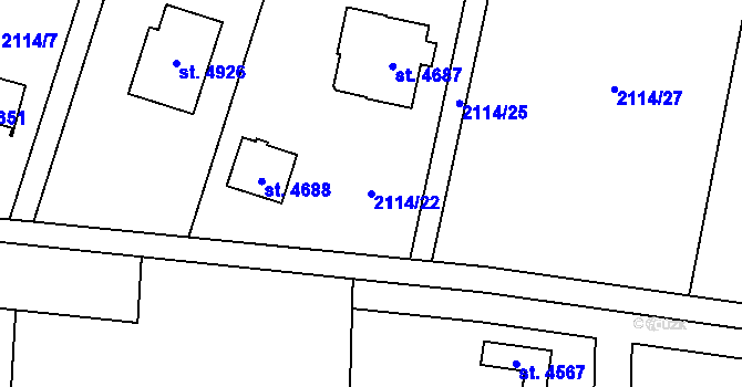 Parcela st. 2114/22 v KÚ Rožnov pod Radhoštěm, Katastrální mapa