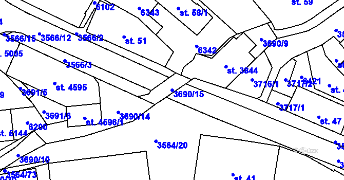 Parcela st. 3690/15 v KÚ Rožnov pod Radhoštěm, Katastrální mapa