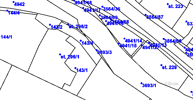 Parcela st. 3693/3 v KÚ Rožnov pod Radhoštěm, Katastrální mapa