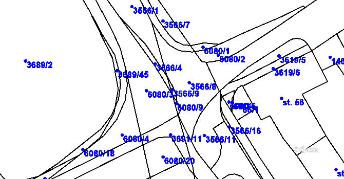 Parcela st. 3566/9 v KÚ Rožnov pod Radhoštěm, Katastrální mapa