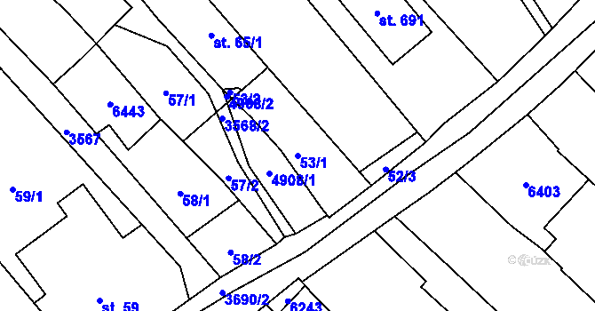 Parcela st. 53/1 v KÚ Rožnov pod Radhoštěm, Katastrální mapa