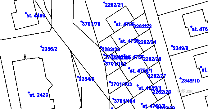 Parcela st. 3701/101 v KÚ Rožnov pod Radhoštěm, Katastrální mapa