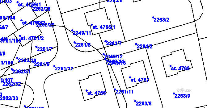 Parcela st. 2349/12 v KÚ Rožnov pod Radhoštěm, Katastrální mapa