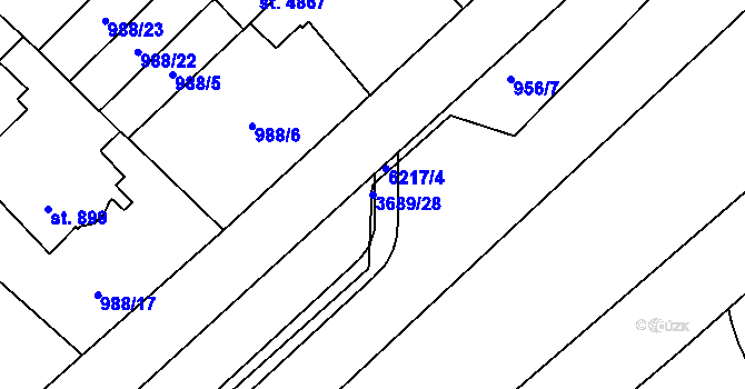 Parcela st. 3689/28 v KÚ Rožnov pod Radhoštěm, Katastrální mapa