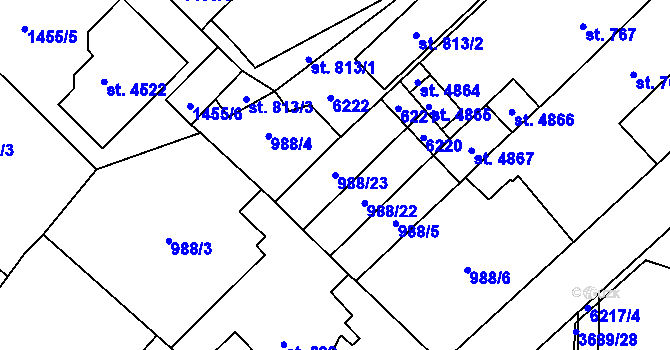Parcela st. 988/23 v KÚ Rožnov pod Radhoštěm, Katastrální mapa