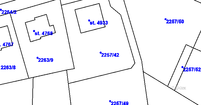 Parcela st. 2257/42 v KÚ Rožnov pod Radhoštěm, Katastrální mapa