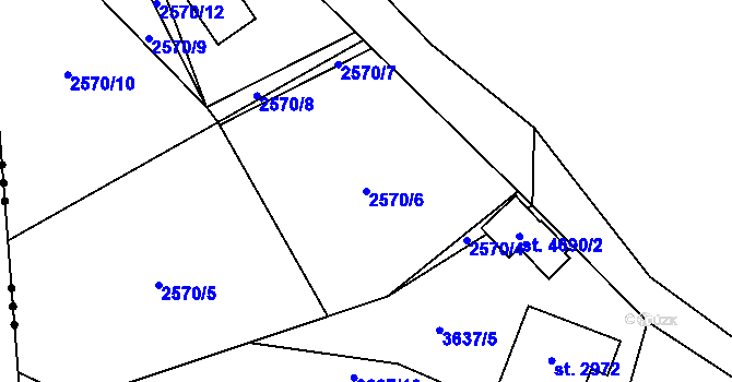 Parcela st. 2570/6 v KÚ Rožnov pod Radhoštěm, Katastrální mapa