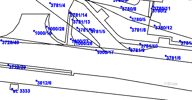 Parcela st. 1000/17 v KÚ Rožnov pod Radhoštěm, Katastrální mapa