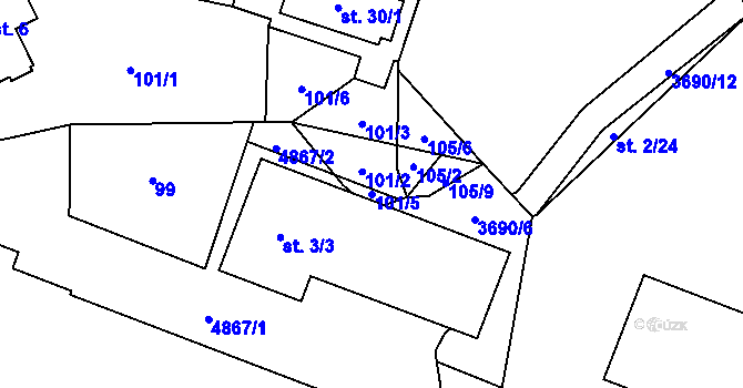 Parcela st. 101/5 v KÚ Rožnov pod Radhoštěm, Katastrální mapa