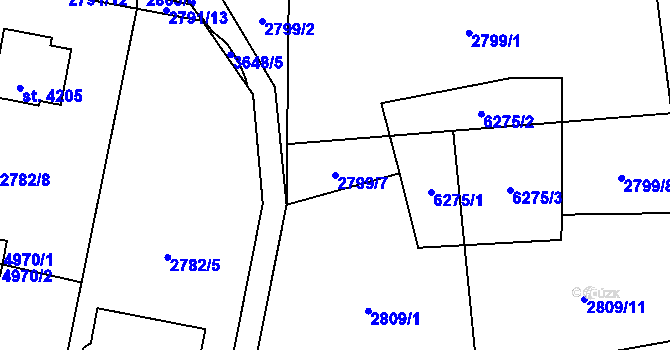 Parcela st. 2799/7 v KÚ Rožnov pod Radhoštěm, Katastrální mapa