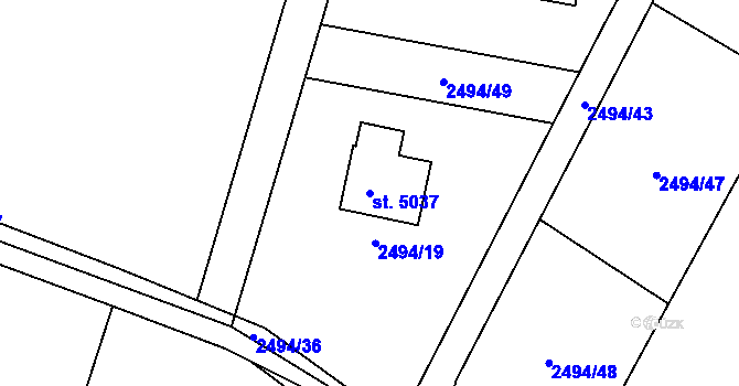 Parcela st. 5037 v KÚ Rožnov pod Radhoštěm, Katastrální mapa