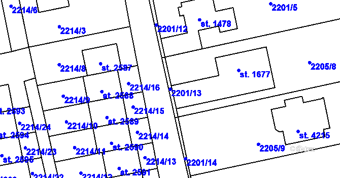 Parcela st. 2201/13 v KÚ Rožnov pod Radhoštěm, Katastrální mapa