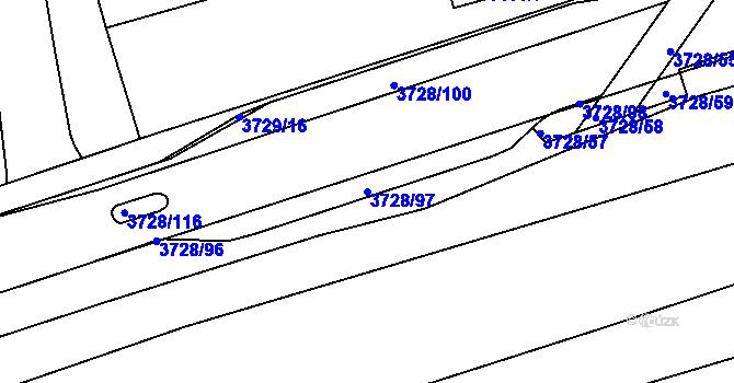 Parcela st. 3728/97 v KÚ Rožnov pod Radhoštěm, Katastrální mapa