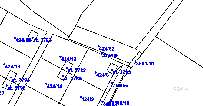 Parcela st. 424/69 v KÚ Rožnov pod Radhoštěm, Katastrální mapa