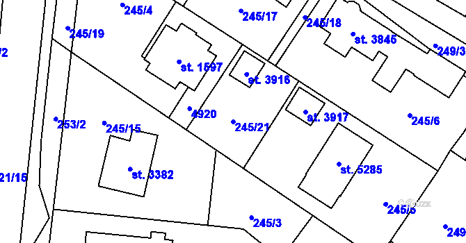 Parcela st. 245/21 v KÚ Rožnov pod Radhoštěm, Katastrální mapa