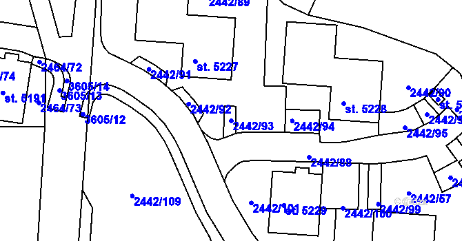Parcela st. 2442/93 v KÚ Rožnov pod Radhoštěm, Katastrální mapa