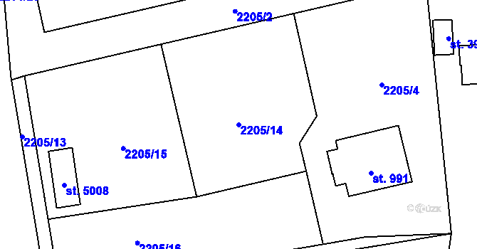 Parcela st. 2205/14 v KÚ Rožnov pod Radhoštěm, Katastrální mapa