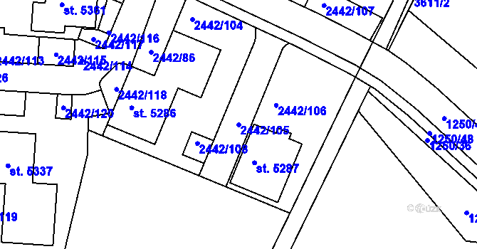 Parcela st. 2442/105 v KÚ Rožnov pod Radhoštěm, Katastrální mapa