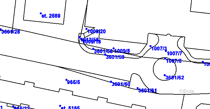Parcela st. 3601/59 v KÚ Rožnov pod Radhoštěm, Katastrální mapa