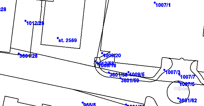 Parcela st. 1009/20 v KÚ Rožnov pod Radhoštěm, Katastrální mapa