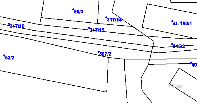 Parcela st. 387/2 v KÚ Rudimov, Katastrální mapa