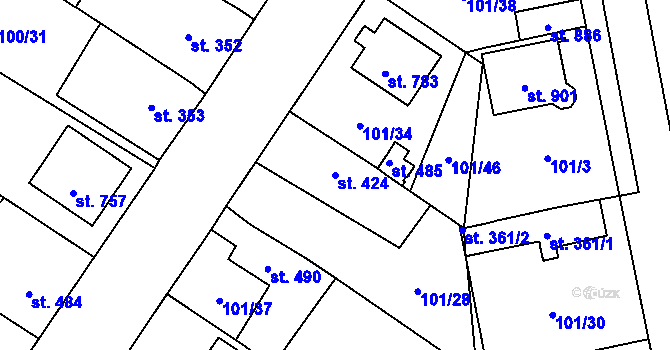 Parcela st. 424 v KÚ Dušníky u Rudné, Katastrální mapa