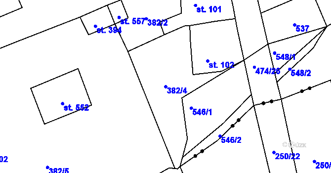 Parcela st. 382/4 v KÚ Dušníky u Rudné, Katastrální mapa