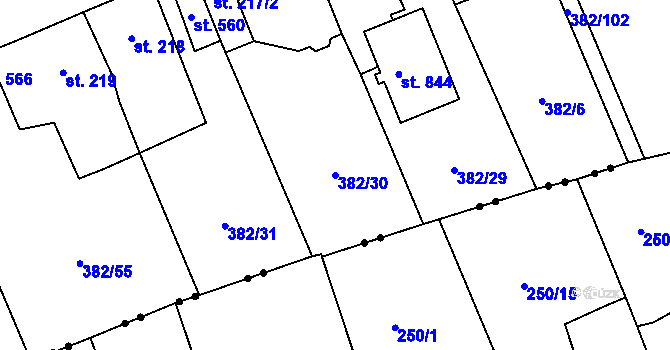 Parcela st. 382/30 v KÚ Dušníky u Rudné, Katastrální mapa