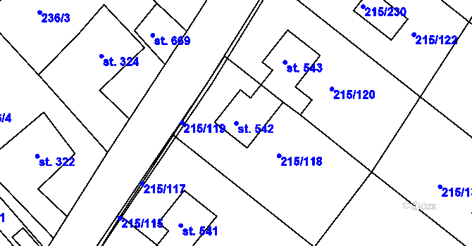 Parcela st. 542 v KÚ Hořelice, Katastrální mapa