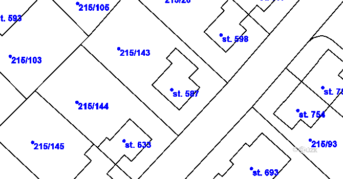 Parcela st. 587 v KÚ Hořelice, Katastrální mapa