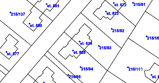 Parcela st. 624 v KÚ Hořelice, Katastrální mapa