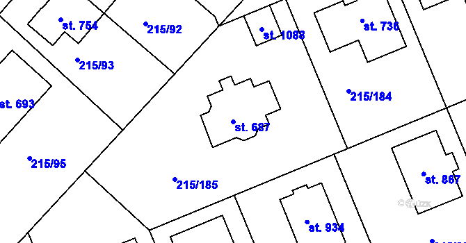 Parcela st. 687 v KÚ Hořelice, Katastrální mapa