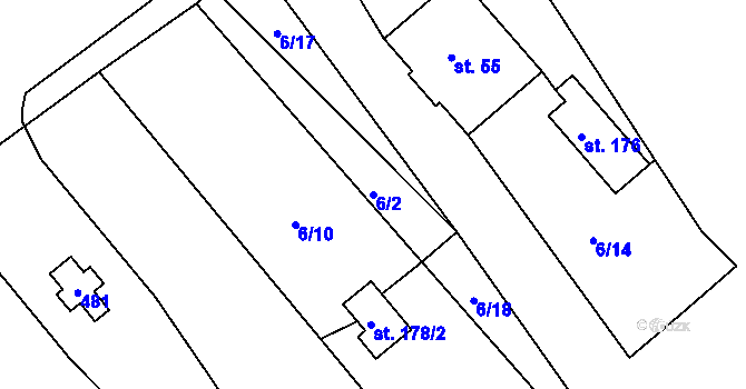 Parcela st. 6/2 v KÚ Hořelice, Katastrální mapa